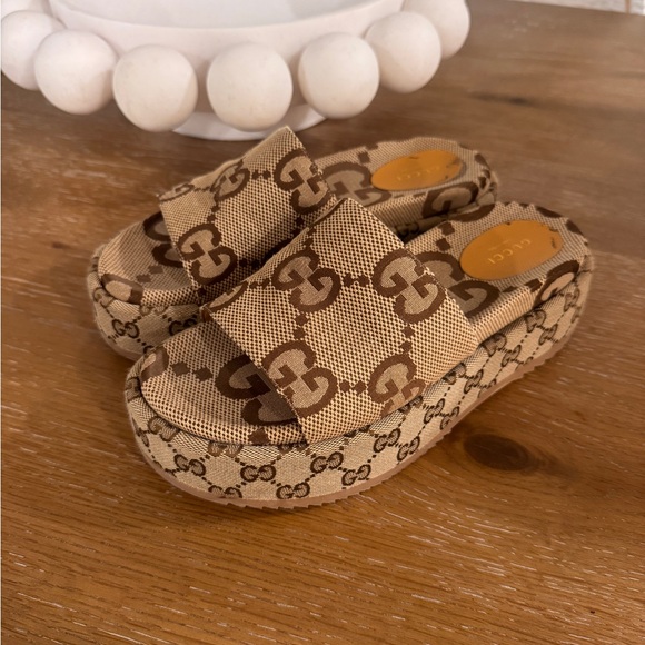 Gucci Beige and Brown Monogram Slides - Picture 1 of 6